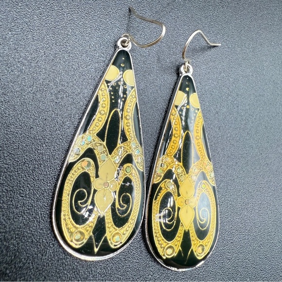 Vintage Gold Cloisonne Floral Art Deco Resin Teardrop Dangle Earrings - Picture 5 of 8
